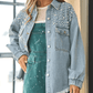 Collared Neck Raw Hem Dropped Shoulder Denim Jacket