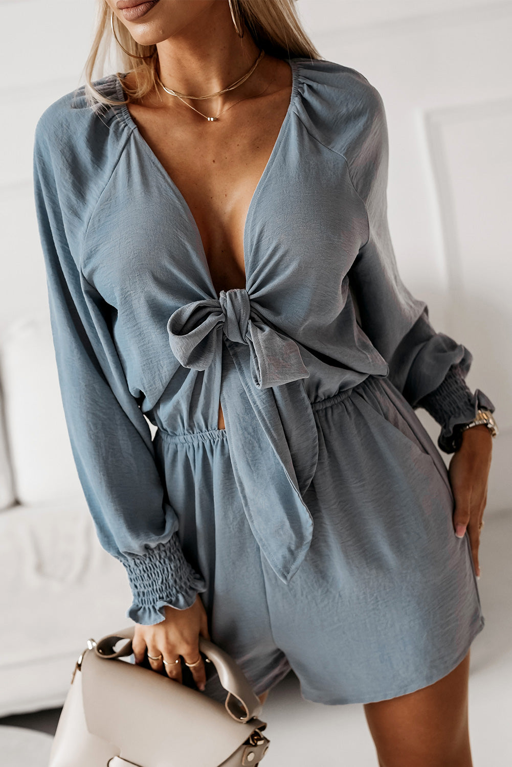 Tied Flounce Sleeve Plunge Romper