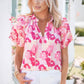 Notched Neck Ruffled Puff Sleeves Floral Top