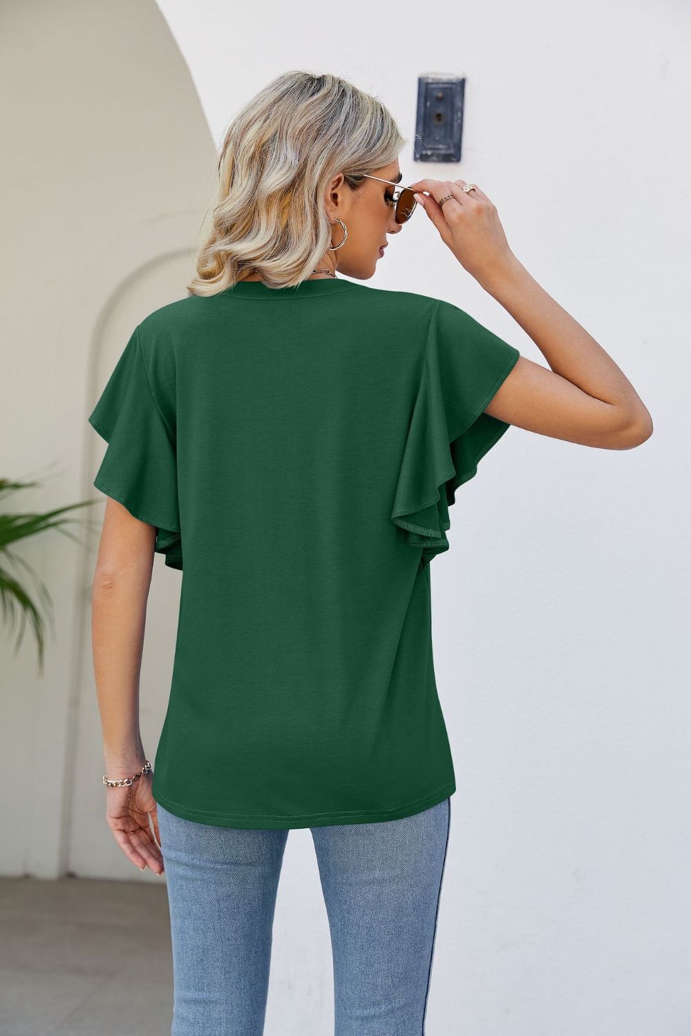 Notched Neck Flutter Sleeve Tee