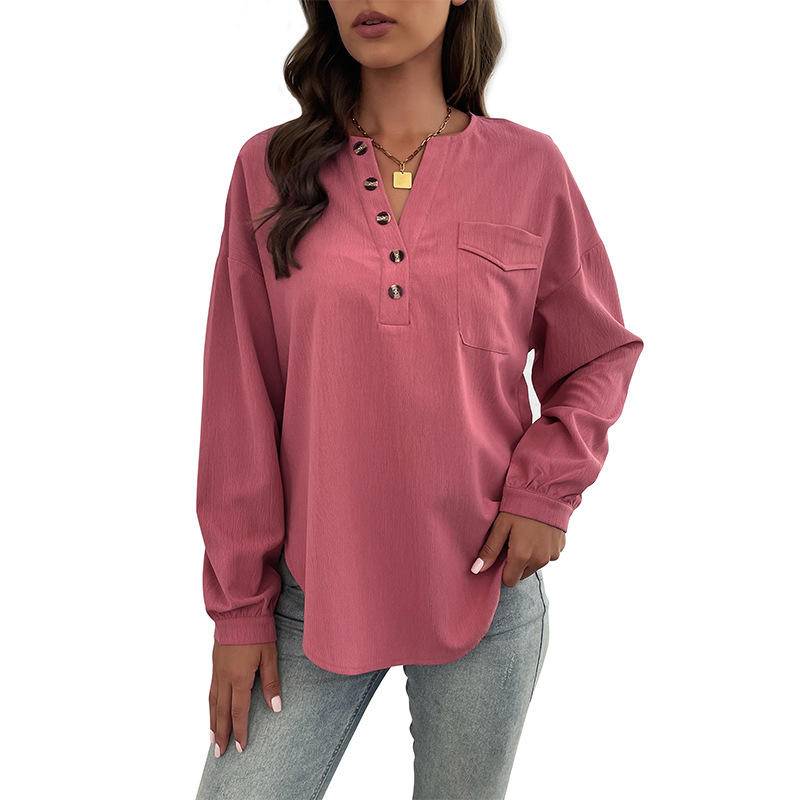 Round Neck Buttons Blouse With Pocket