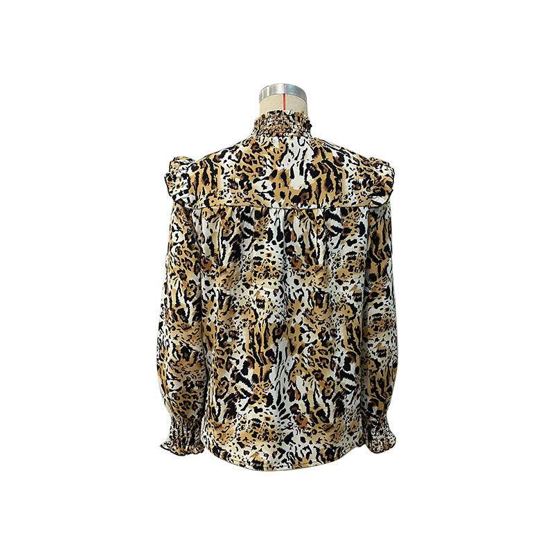 Leopard Mockneck Shirring Ruffle Blouse