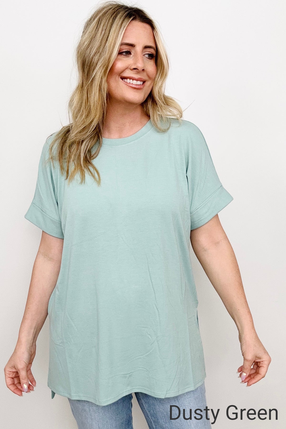 Zenana Cuffed Sleeve Side Slit High-Low Hem T-Shirt
