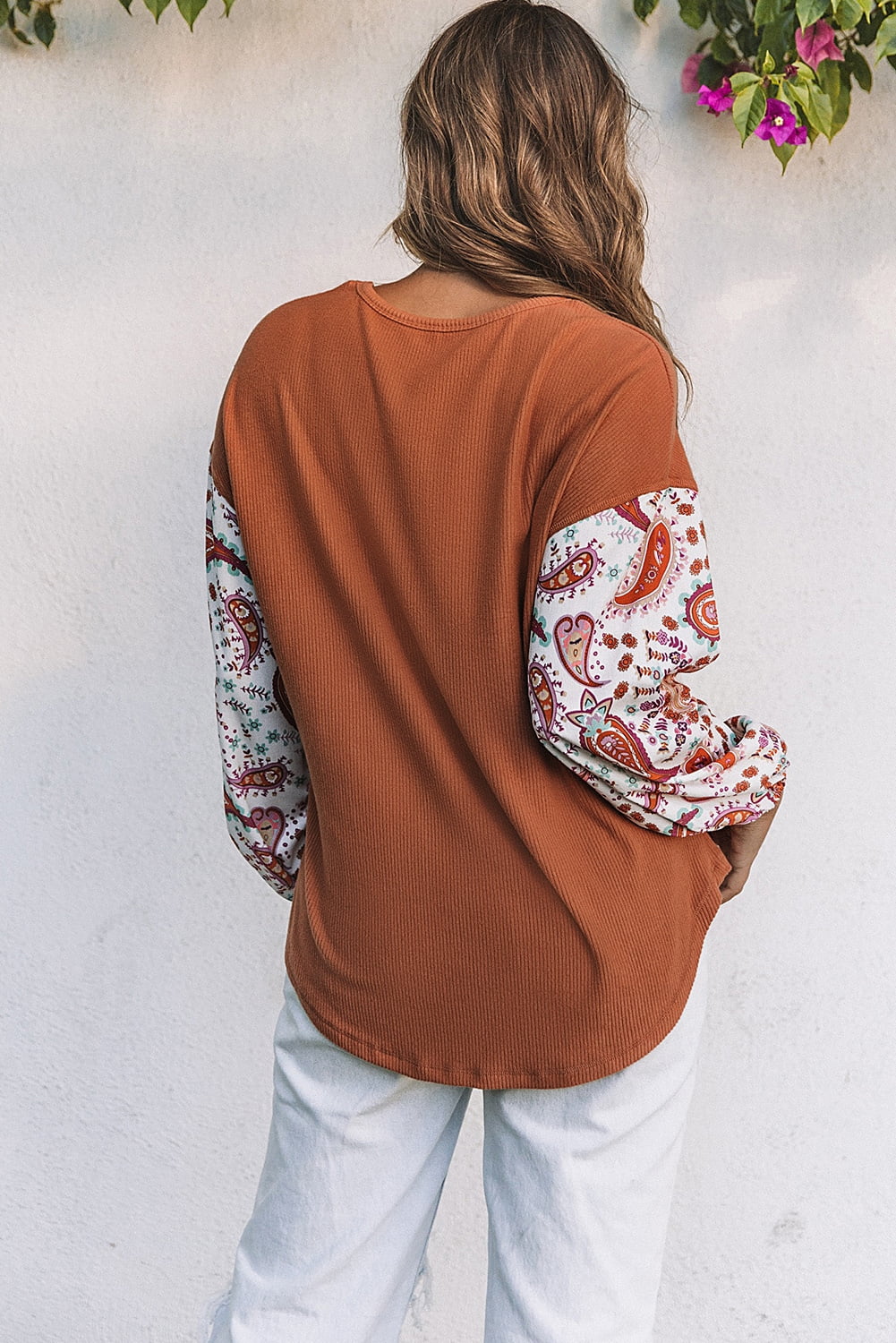 Round Neck Printed Dropped Shoulder Blouse