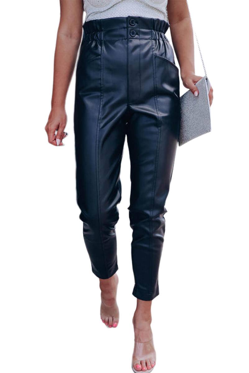 Smocked High Waist Faux Leather Skinny Pants