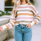 Openwork Striped Round Neck Long Sleeve Knit Top