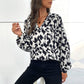 Button Leopard Collared Neck Long Sleeve Blouse