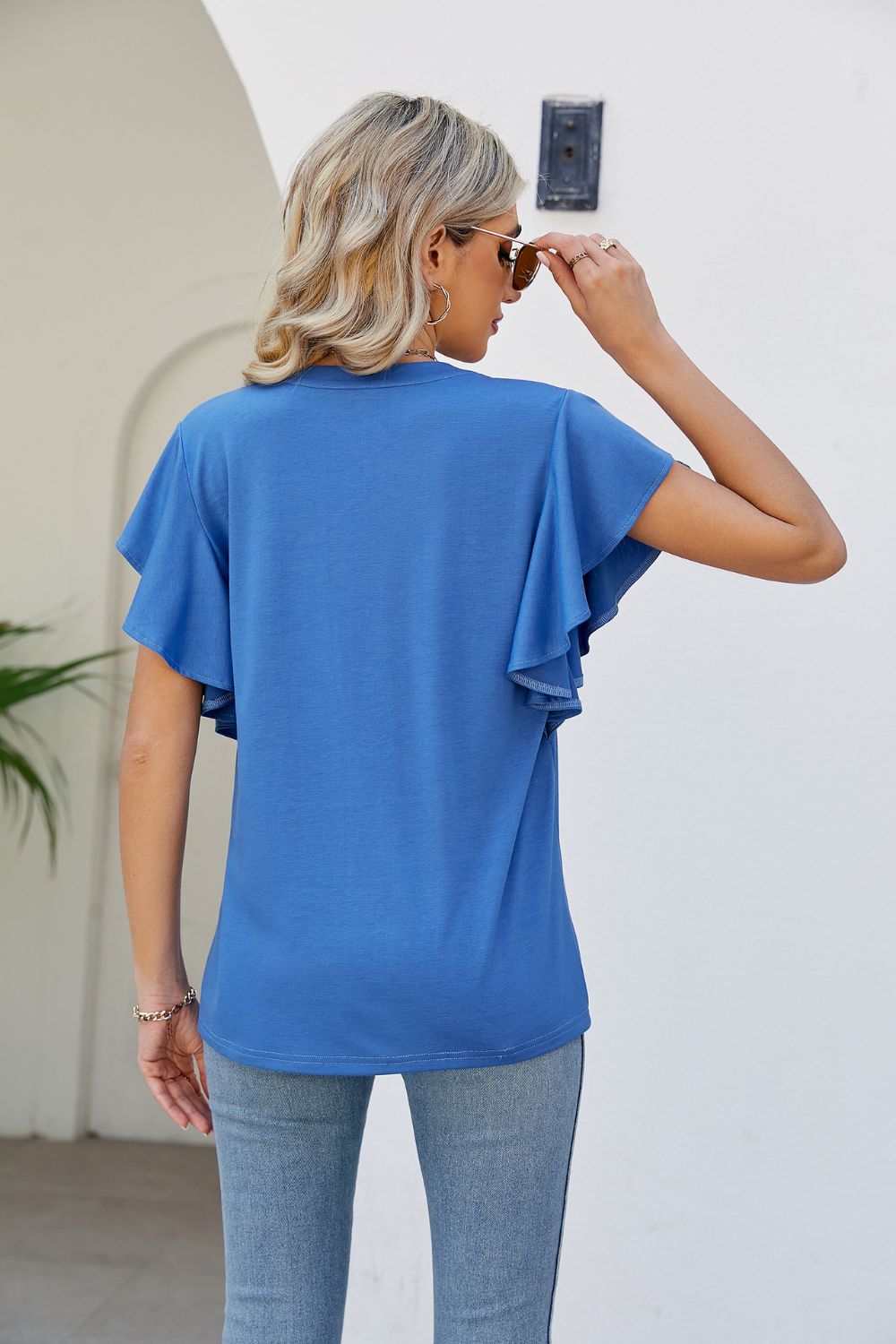 Notched Neck Flutter Sleeve Tee