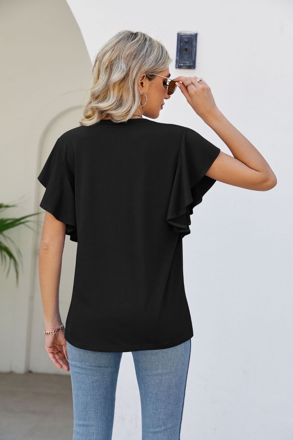 Notched Neck Flutter Sleeve Tee