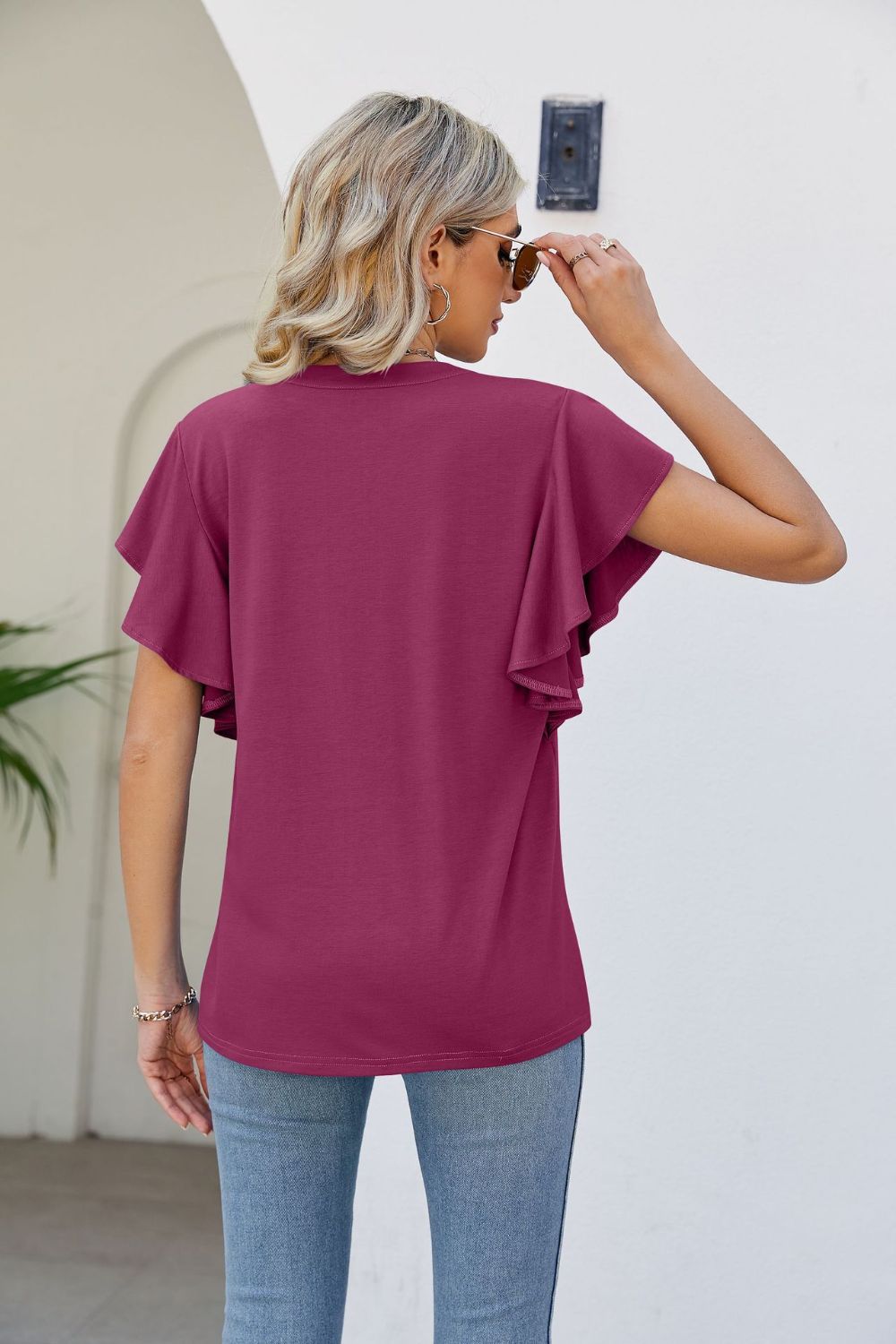 Notched Neck Flutter Sleeve Tee