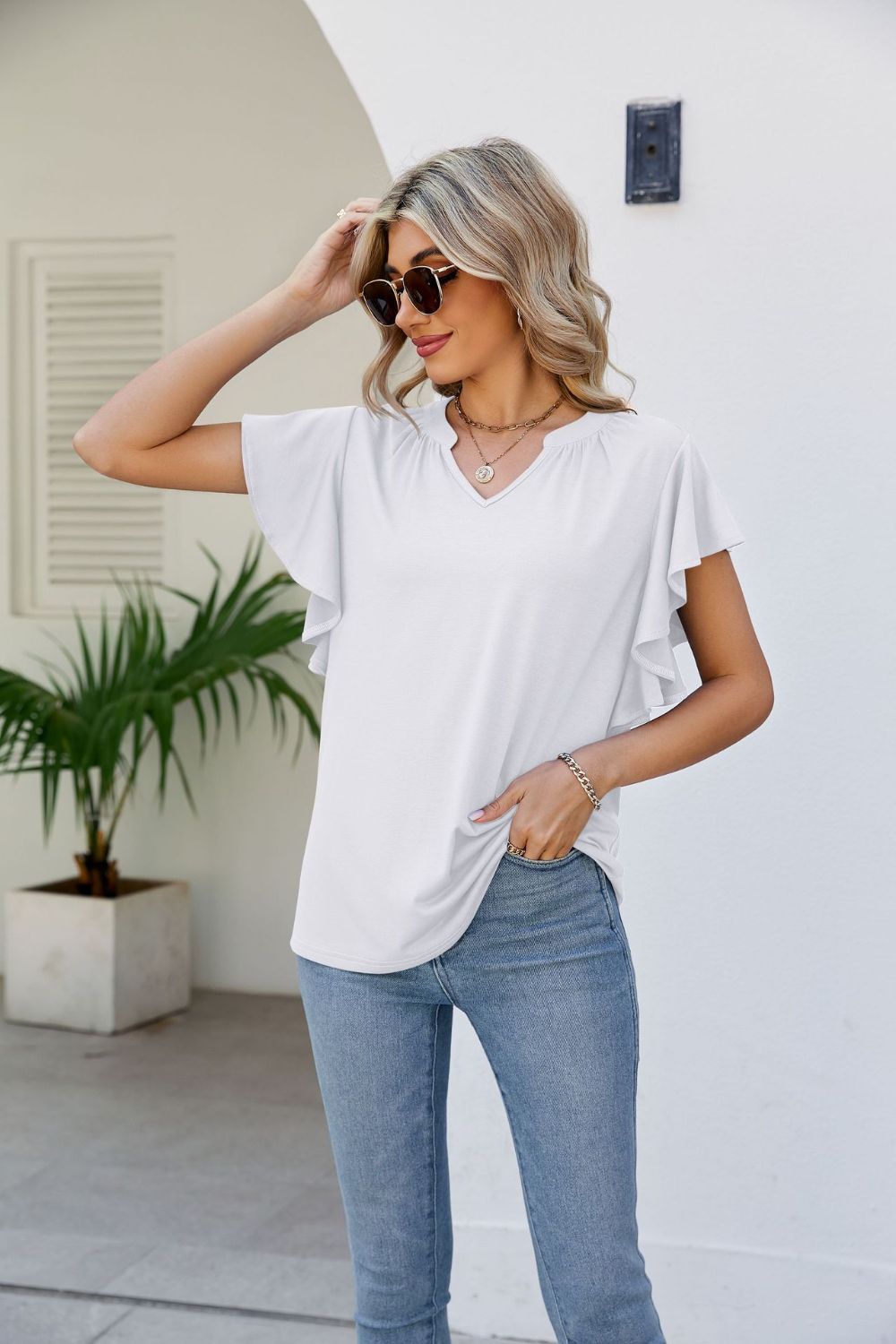 Notched Neck Flutter Sleeve Tee