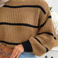 Striped Mock Neck Dropped Shoulder Sweater