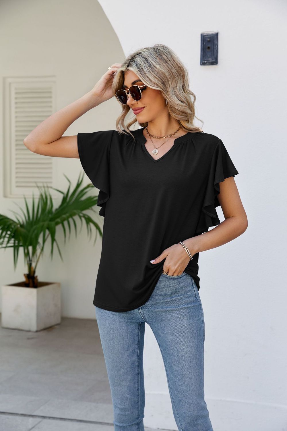 Notched Neck Flutter Sleeve Tee