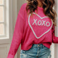 XOXO Heart Round Neck Dropped Shoulder Sweater