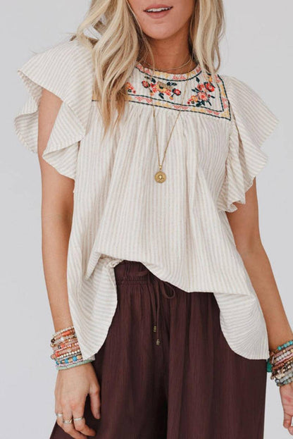 Stripe Ruffled Sleeve Embroidered Blouse