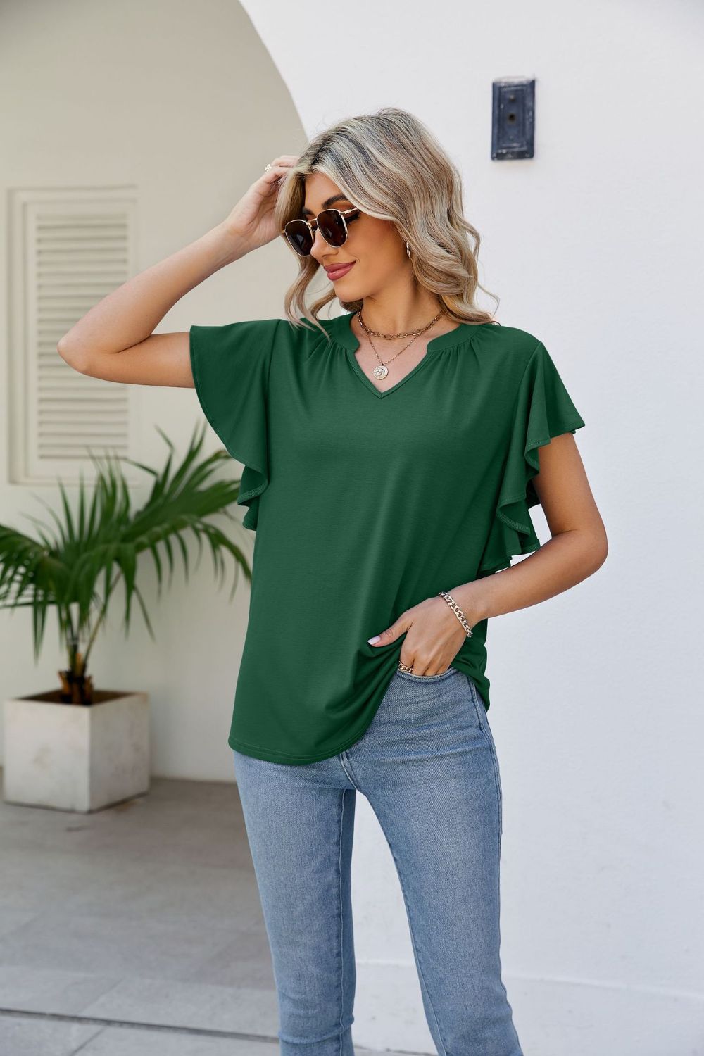 Notched Neck Flutter Sleeve Tee