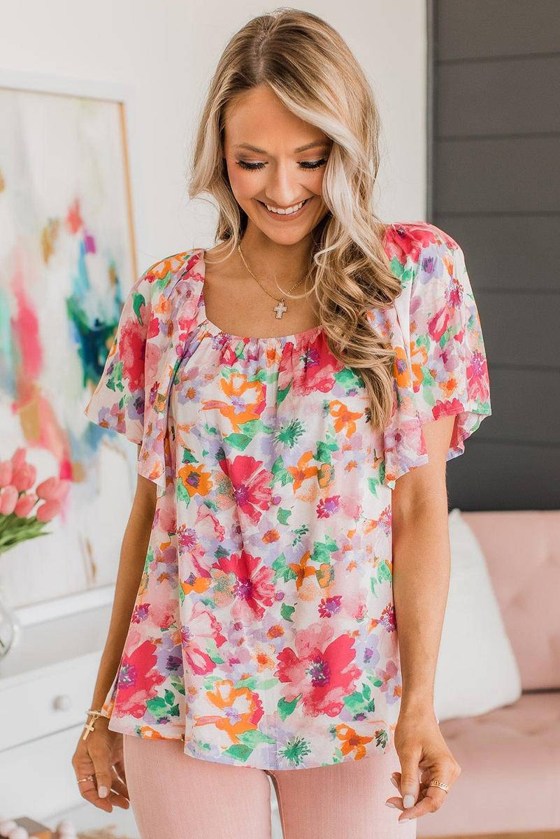 Floral Square Neck Ruffle Sleeve Blouse