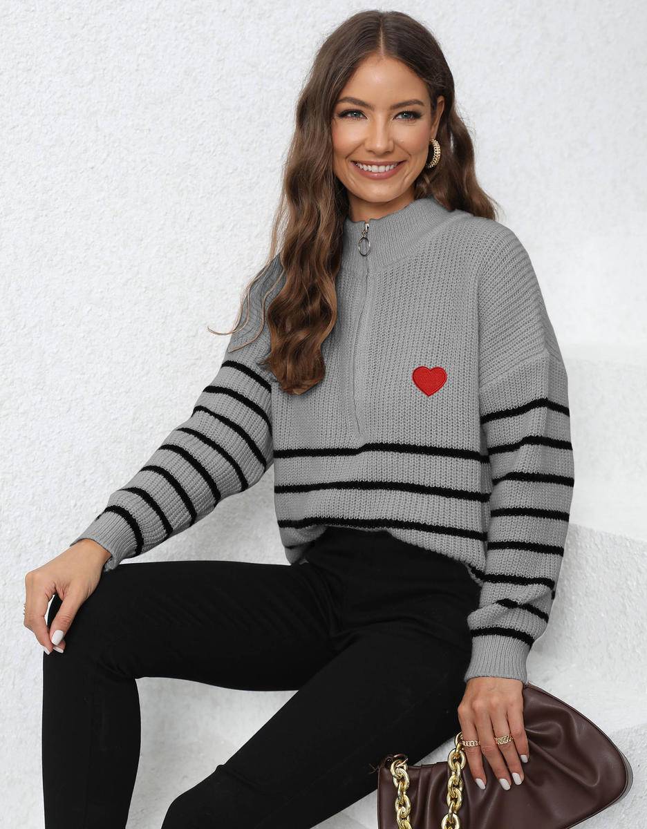 Heart Striped Zipper Collared Neck Knit Sweater