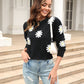 Flower Pattern Round Neck Short Sleeve Pullover Sweater
