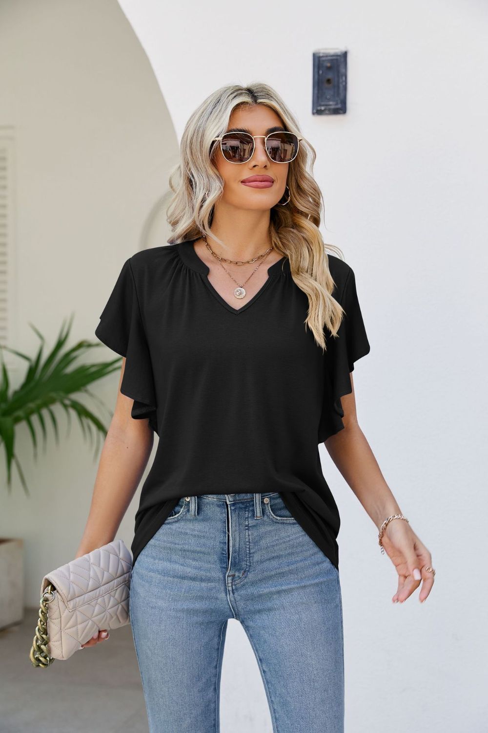 Notched Neck Flutter Sleeve Tee