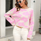 Round Neck Flower Pattern Dropped Shoulder Pullover Sweater